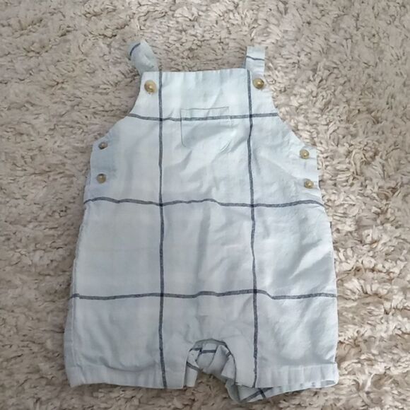 Janie And Jack Romper Style Overalls In White Black Blue & Tan. Size 3-6 month - Picture 1 of 3